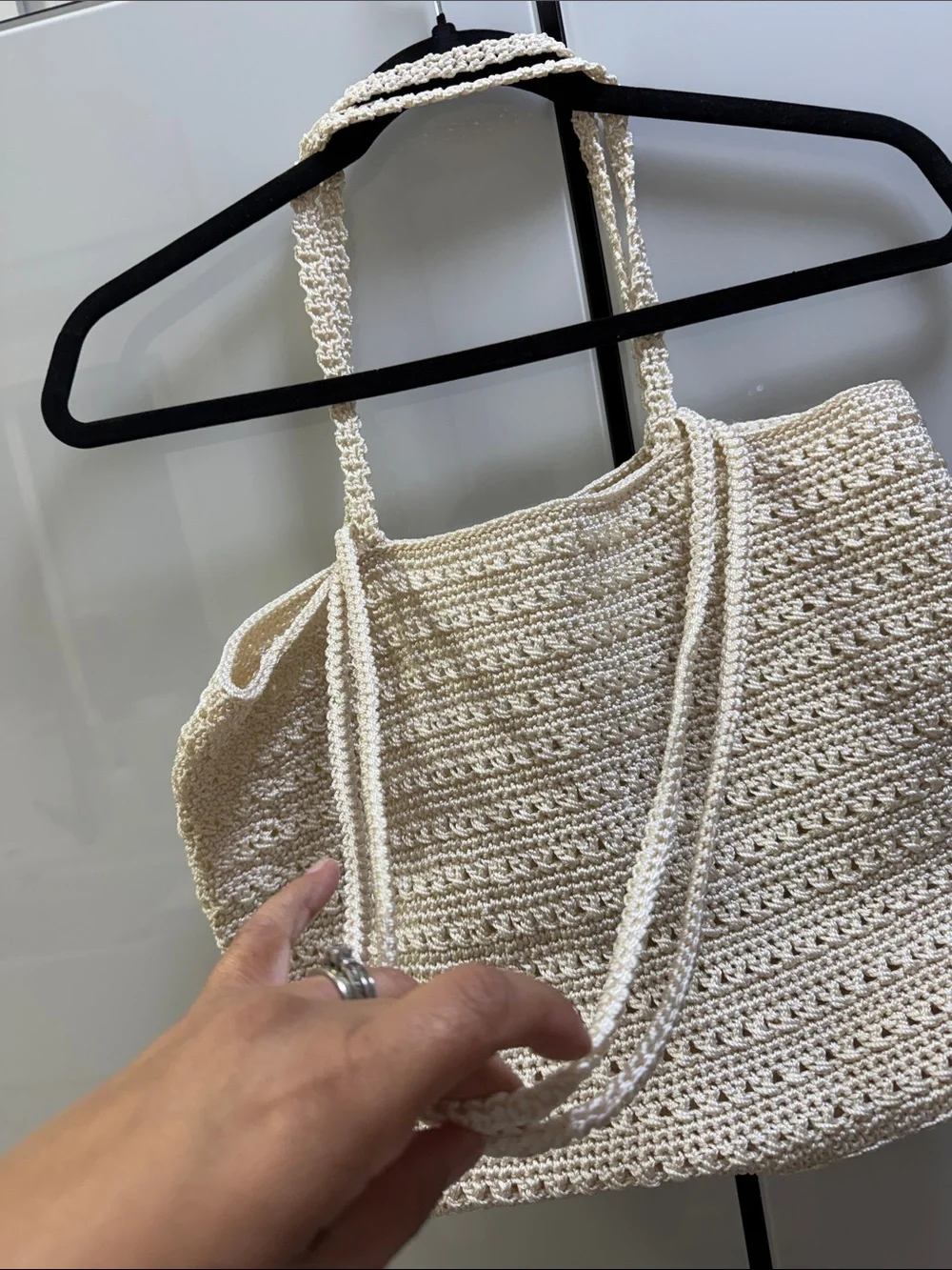 Cream Crochet Tote Bag with Double Shoulder Straps